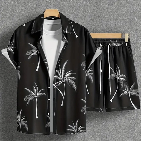 Ensemble Chemise et Short Hawaïen d'Été pour Homme avec Imprimé Palmier Tropical 3D pour la Plage et les Loisirs