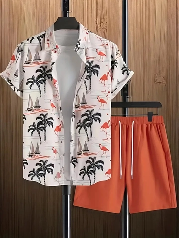 Completo Camicia Casual Hawaiana Estiva da Uomo Stampa Tropicale Camicia a Maniche Corte e Pantaloncini con Coulisse