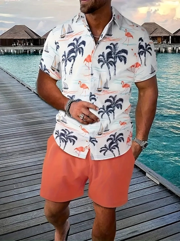 Completo Camicia Casual Hawaiana Estiva da Uomo Stampa Tropicale Camicia a Maniche Corte e Pantaloncini con Coulisse