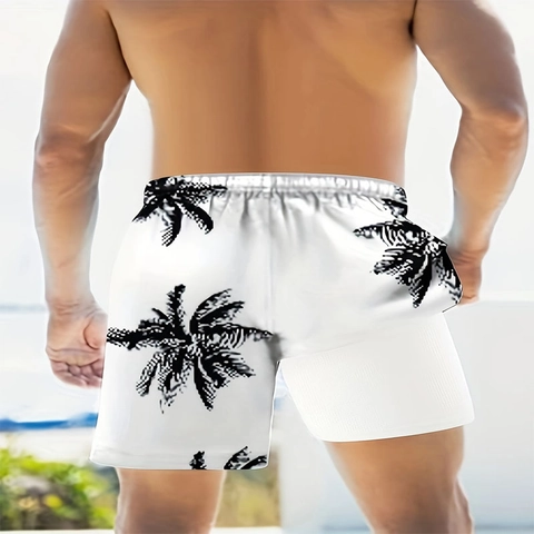 Pantalones de Playa de Doble Capa para Hombre Secado Rápido Estampado de Palmera Bañador Con Bolsillo Oculto Cintura Elástica Pantalones de Verano
