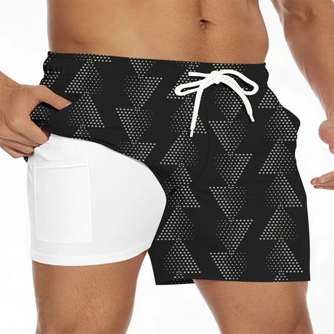 Herren 2-in-1 Schnelltrocknende Strandshorts Mit Handytasche Kompressionsfutter Elastischer Bund Kordelzug Sport Laufhose