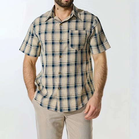 Men's Casual Short Sleeve Plaid Tropical Shirt Summer Breathable Lapel Button Down Printed Beach Top For Men