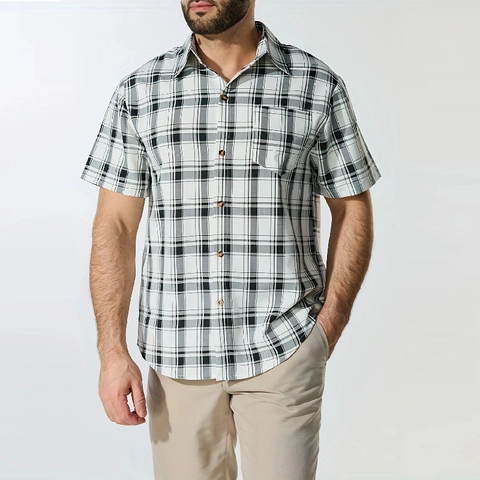 Men's Casual Short Sleeve Plaid Tropical Shirt Summer Breathable Lapel Button Down Printed Beach Top For Men
