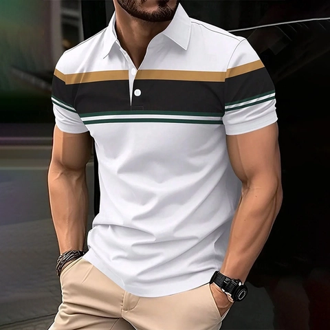 Polo Décontracté pour Hommes Coupe Ajustée Manches Courtes Rayé Contraste Color Block Épissé Respirant Sportif Été Mode Polo
