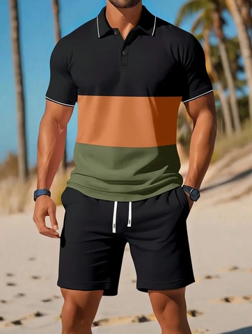 Ανδρικό Casual Σετ Μπλούζα Polo και Σορτς Πολυεστέρας Color Block Κοντό Μανίκι Για Καλοκαίρι Παραλία Αθλητισμός