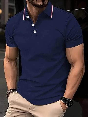 Herren Casual Kurzarm Polo-Shirt Polyester Atmungsaktiv Sport Top Mit Gestreiftem Kragen Und Knopfleiste