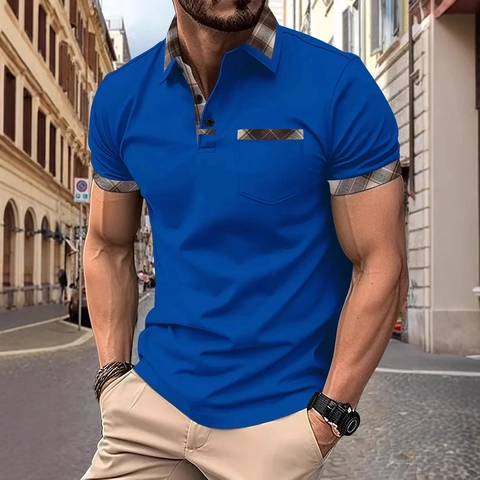 Herren Casual Kurzarm Polo Shirt Karomuster Patchwork Mode Revers Britischer Stil Sommer Top Mit Brusttasche
