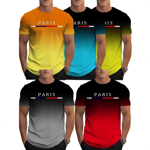 Herren Casual Kurzarm T-Shirt Farbverlauf Paris Buchstaben Druck Rundhals Hip Hop Streetwear Schnelltrocknend Polyester Tee