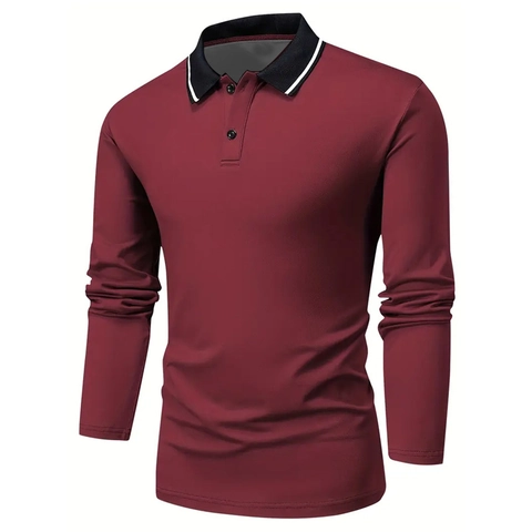 Polo da Uomo Casual a Manica Lunga con Colletto a Righe a Contrasto Top in Maglia Traspirante Tinta Unita Jersey per Primavera Autunno