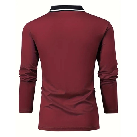 Polo da Uomo Casual a Manica Lunga con Colletto a Righe a Contrasto Top in Maglia Traspirante Tinta Unita Jersey per Primavera Autunno