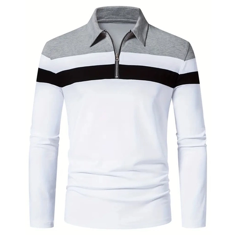 Herren Langarm Polo Shirt Color Block Mode Reißverschluss Reverskragen Streetwear Casual Patchwork Tops Frühling Sommer Kleidung