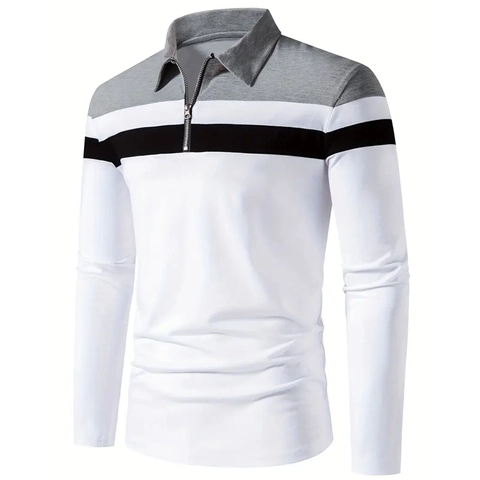 Herren Langarm Polo Shirt Color Block Mode Reißverschluss Reverskragen Streetwear Casual Patchwork Tops Frühling Sommer Kleidung