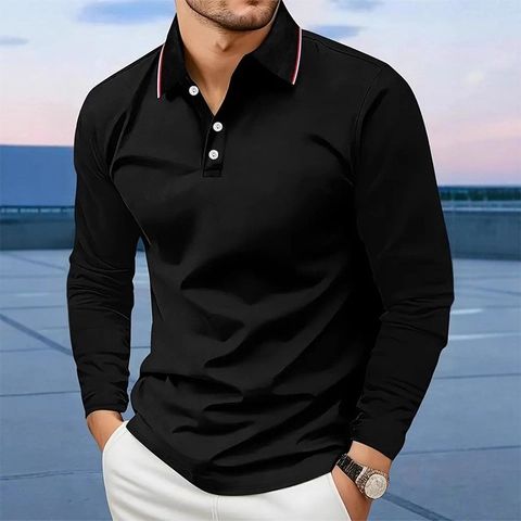 Men's Long Sleeve Polo Shirt Business Casual Stripe Trim Collar Golf Embroidery Breathable Solid Color Top For Men