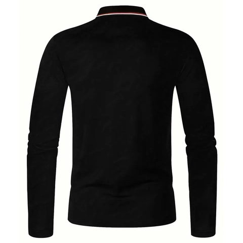 Men's Long Sleeve Polo Shirt Business Casual Stripe Trim Collar Golf Embroidery Breathable Solid Color Top For Men
