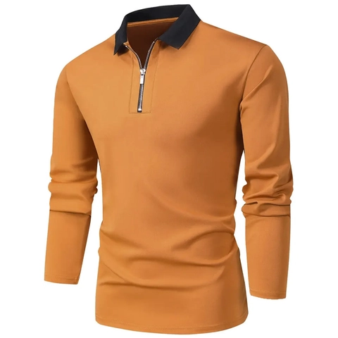 Heren Casual Lange Mouwen Polo Shirt 1/4 Halve Rits Contrastkraag Effen Kleur Sportieve Pullover Top Voor Herfst Winter