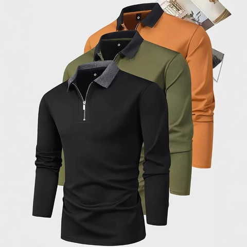 Heren Casual Lange Mouwen Polo Shirt 1/4 Halve Rits Contrastkraag Effen Kleur Sportieve Pullover Top Voor Herfst Winter