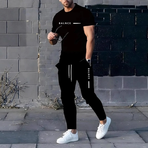 Men Summer Casual Sports Outfit 3D Digital Print Gradient T-Shirt And Long Pants Suit Breathable Polyester Tracksuit For Men