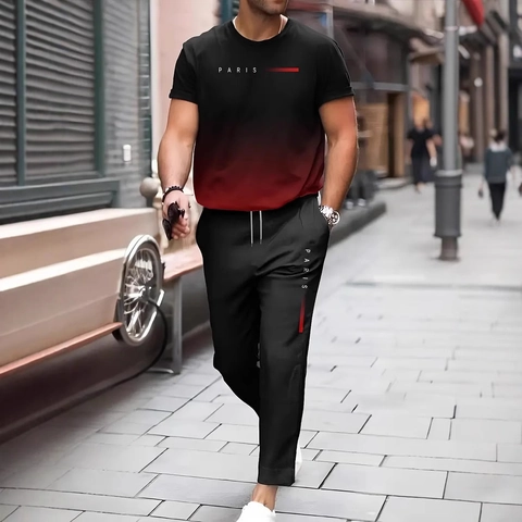 Men Summer Casual Sports Outfit 3D Digital Print Gradient T-Shirt And Long Pants Suit Breathable Polyester Tracksuit For Men