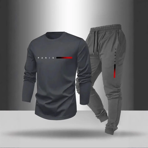 Set Sportivo Casual da Uomo T-Shirt a Maniche Lunghe Girocollo E Pantaloni Jogger Con Stampa di Lettere PARIS Tuta
