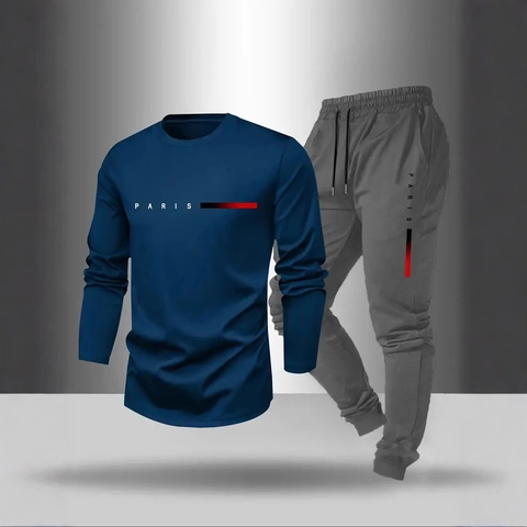 Set Sportivo Casual da Uomo T-Shirt a Maniche Lunghe Girocollo E Pantaloni Jogger Con Stampa di Lettere PARIS Tuta