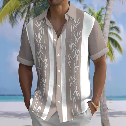 Heren Hawaïaans Overhemd Korte Mouwen Gestrereept Bamboeprint Casual Tropical Beach Shirt Met Voorzak Zomerkleding