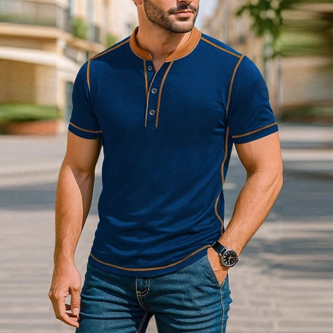 Men's Casual Short Sleeve Henley Shirt Color Block Polyester Slim Fit Button Summer Contrast Trim Fashion Top For Men