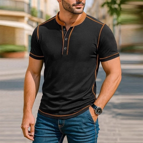 Men's Casual Short Sleeve Henley Shirt Color Block Polyester Slim Fit Button Summer Contrast Trim Fashion Top For Men