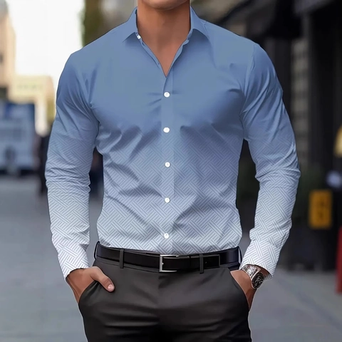 Herren Lässiges Langarmhemd mit Geometrischem Farbverlauf Business Mode Button Down Polyester Oberteil Frühling Herbst