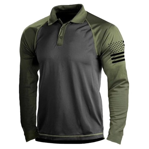 Ανδρικό Μακρυμάνικο Μπλουζάκι Polo Τακτικό Casual Color Block Πατριωτική Αμερικανική Σημαία 1776 Εκτύπωση Μανίκι Ραγκλάν