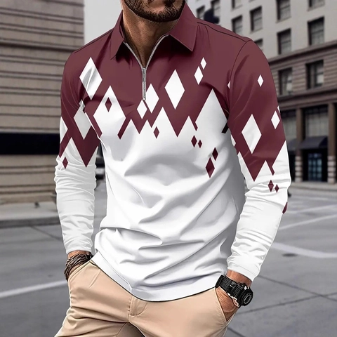Herren Mode Geometrisches Farbblock Polo Shirt Reißverschluss Revers Langarm Casual Polyester Top Herbst Urban Stil Herren Bekleidung