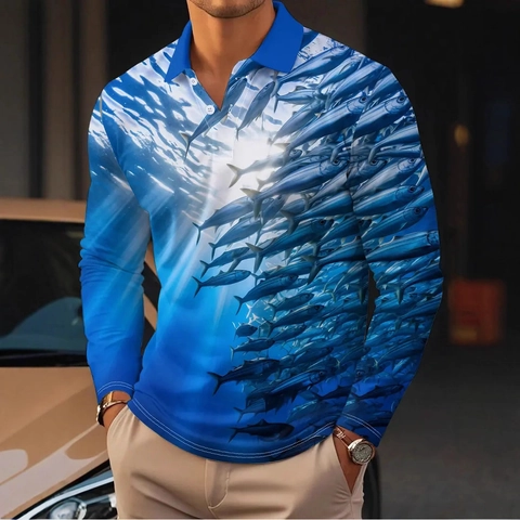 Herren Langarm Poloshirt Business Casual Gestreiftes Patchwork Umlegekragen Atmungsaktives Polyester Herbst Mode Top Herren
