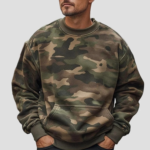 Herren Casual Langarm Rundhals Sweatshirt Lockerer Schnitt Pullover Top Einfarbig Und Camouflage Für Frühling Herbst