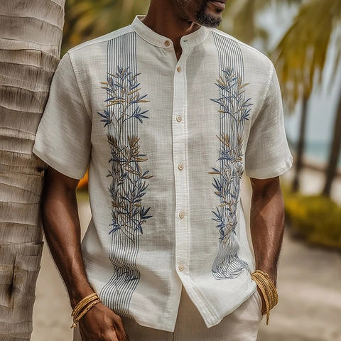 Camicia da Uomo Casual a Maniche Corte Colletto alla Coreana Stampa a Righe con Foglie di Bambù Look Lino Poliestere