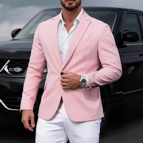 Men's Casual Slim Fit Blazer Jacket Notched Lapel One Button Solid Color Polyester Business Suit Jacket For Men Office Wear