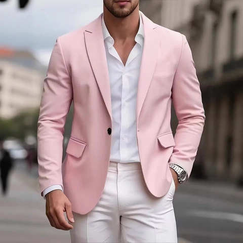 Men's Casual Slim Fit Blazer Jacket Notched Lapel One Button Solid Color Polyester Business Suit Jacket For Men Office Wear