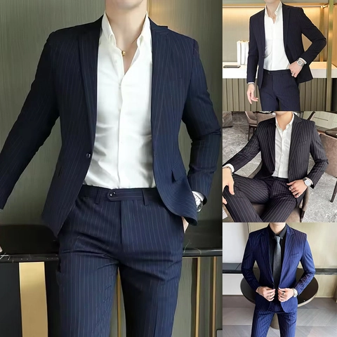 Chaqueta Y Pantalones De Rayas Slim Fit Para Hombre Negocios Casual Botonadura Sencilla Formal Poliéster Chaqueta Moderna