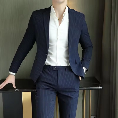 Chaqueta Y Pantalones De Rayas Slim Fit Para Hombre Negocios Casual Botonadura Sencilla Formal Poliéster Chaqueta Moderna