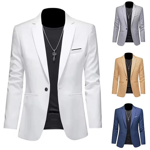 Men Slim Fit Casual Blazer Single Breasted Button Notch Lapel Solid Color Polyester Suit Jacket For Wedding Business Party