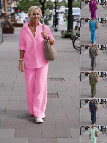 Chemise Décontractée en Coton et Lin pour Femmes Avec Boutons et Pantalons Jambes Larges Couleur Unie Revers Manches Longues Pantalon Taille Élastique