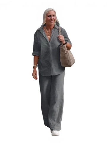 Chemise Décontractée en Coton et Lin pour Femmes Avec Boutons et Pantalons Jambes Larges Couleur Unie Revers Manches Longues Pantalon Taille Élastique