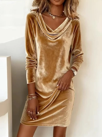 Sexy Wasserfallkragen Samt Langarm Minikleid Für Damen Elegant Einfarbig Slim Fit Party Clubwear Abendkurzkleid