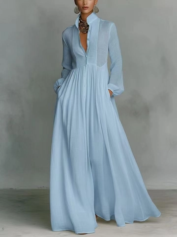 Französisches Elegantes Plissee Langarm Maxi Kleid Damen Einfarbig Stehkragen Lockere Taille Urlaub Kleid