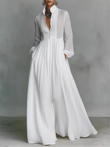 Französisches Elegantes Plissee Langarm Maxi Kleid Damen Einfarbig Stehkragen Lockere Taille Urlaub Kleid