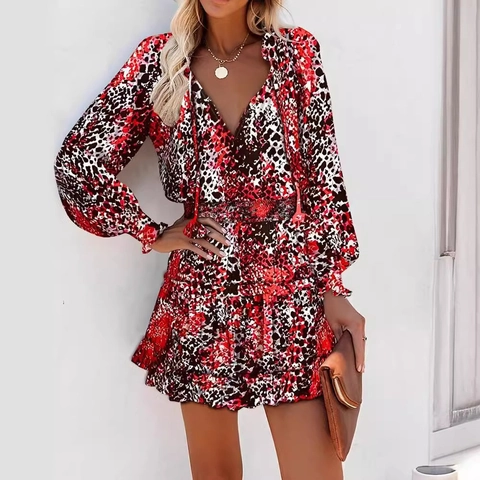 Damen V-Ausschnitt Langarm Kleid Blumen Leoparden Paisley Muster Mini Kleid Rüschensaum Smok-Taille Casual Boho Kleid
