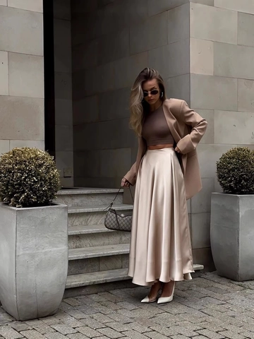 Damen Elegant Hohe Taille Satin Maxirock Einfarbig Großer Saum Fließender Langer Rock Für Alltag Büro Party Wear