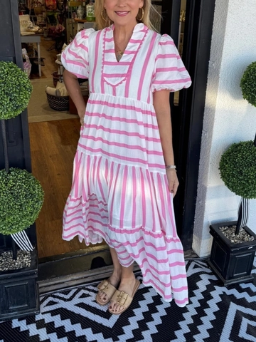 Abito Maxi da Donna Casual a Righe Scollo a V Manica Corta a Sbuffo Gonna a Balze Vestibilità Comoda Poliestere Abito Lungo Vacanze Estive
