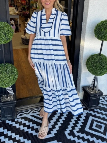 Abito Maxi da Donna Casual a Righe Scollo a V Manica Corta a Sbuffo Gonna a Balze Vestibilità Comoda Poliestere Abito Lungo Vacanze Estive