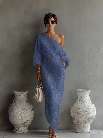 Damen Elegantes Off-Shoulder Maxikleid Laternen Langarm Einfarbig Schräghals Lockeres Abendparty Cocktail Langes Kleid