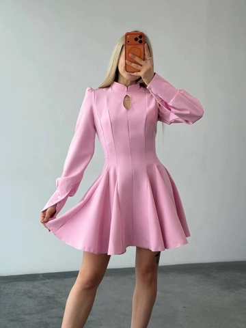 Vestito Mini da Donna Collo a Listino con Apertura Maniche Lunghe Vestibilità Slim Linea a Trapezio Piegghettato Tinta Unita