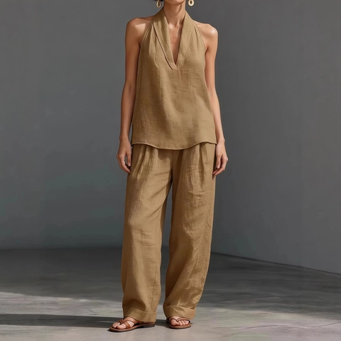 Women Halter V Neck Sleeveless Vest And Wide Leg Pants Suit Bamboo Linen Polyester Solid Color Casual Summer Top And Bottoms